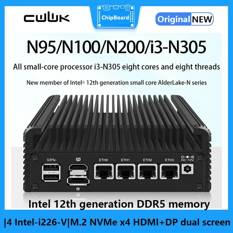 جدار الحماية الجيل الثاني عشر ألدر ليك i3 N305 8 Core N200 N100 جهاز توجيه ناعم بدون مروحة Proxmox DDR5 4800 ميجا هرتز 4xi226-V 2.5G