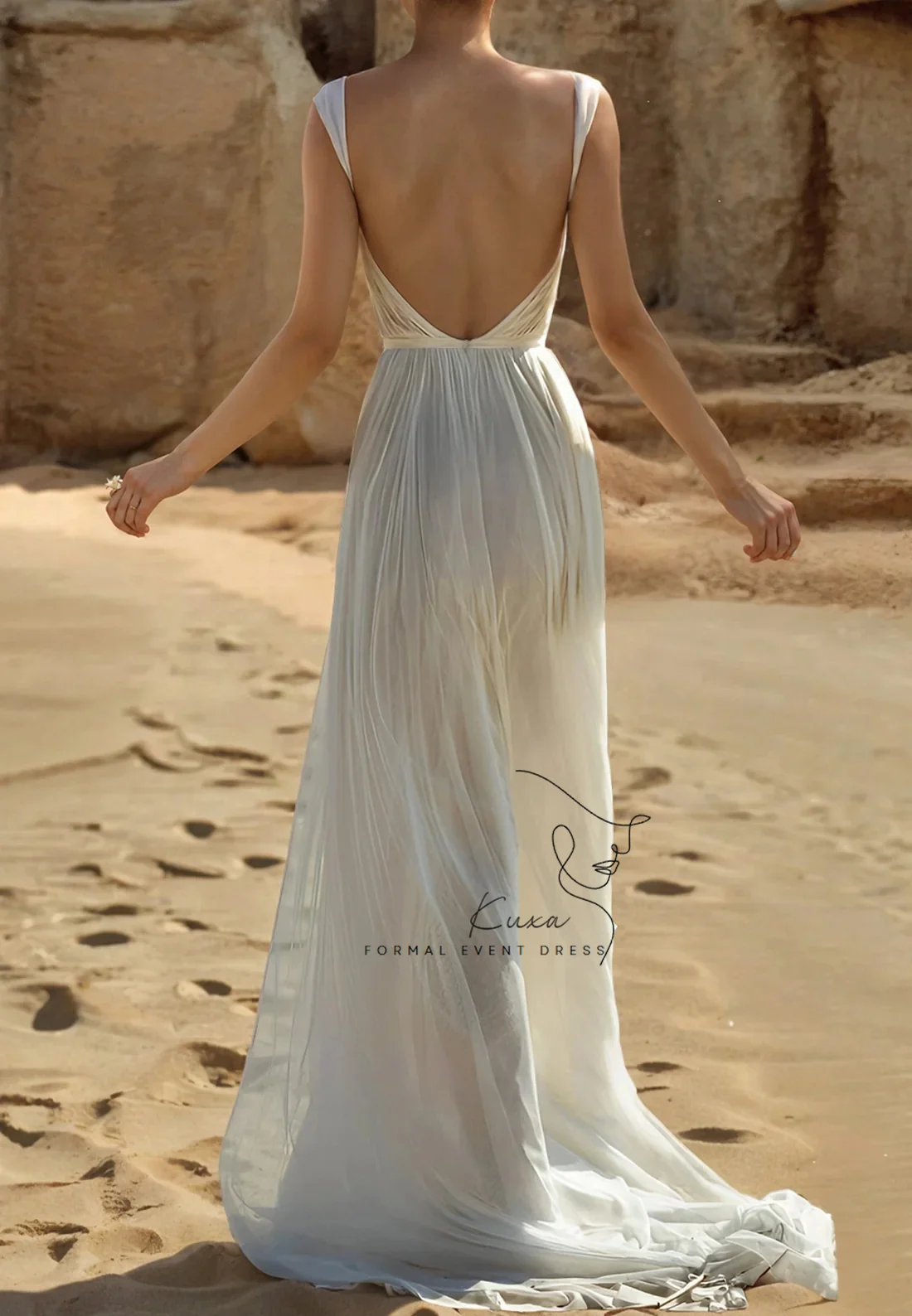 KUXA Customized Beige Bow Collar Cut-out Wedding Dress Side High Split Backless vestidos de novia A-line Sleeveless Formal