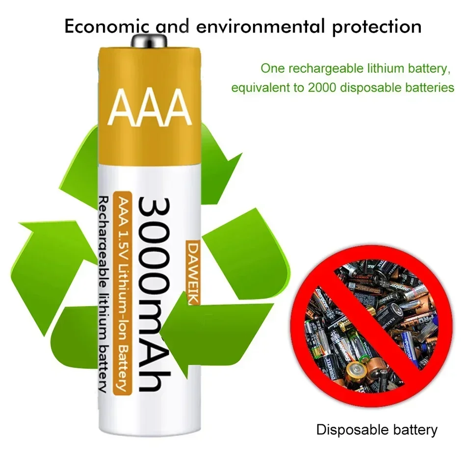 1.5V AAA Battery Rechargeable Lithium-ion Battery 3000mAh AAA Battery for remote control mouse small fan Electric toy