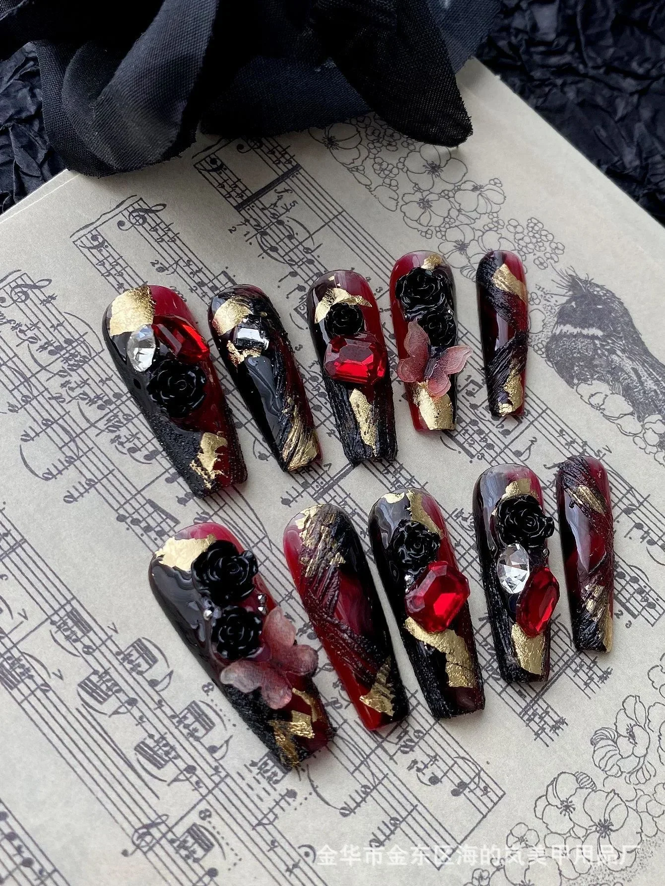 

Handmade Y2k Press on Nails Goth Style Black and Red Halloween Fake Nails with Design Full Cover Long Coffin Acrylic Nail Tips