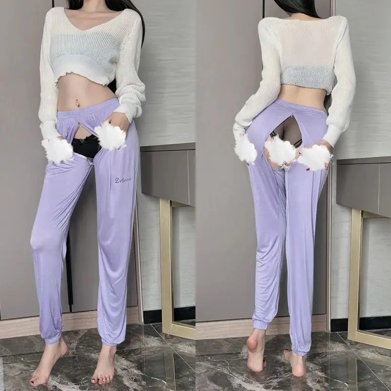 

Summer Zipper Crotch Soprts Ice Silk Loose Women Pants High Waist SweatPants