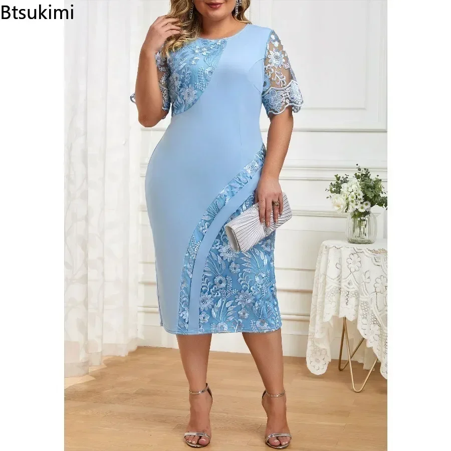 Vestido feminino de renda de manga curta, plus size, slim fit, emendado, gola redonda, casual, elegante, verão, 5XL, novo, 2024