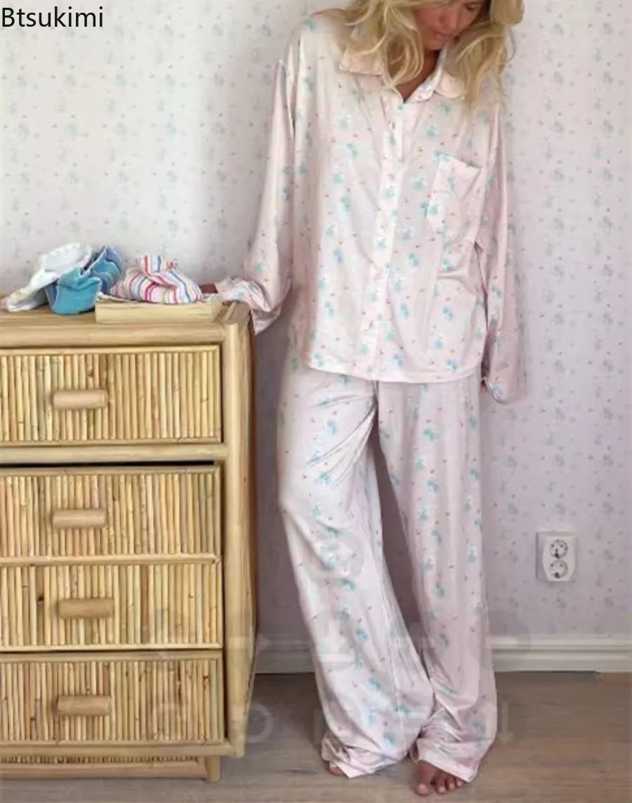 2025 Women's Casual Flower Print Pajama Set Long Sleeve Button Shirt with Pocket and Loose Wide Leg Pants Pajama Sets Sleepwear - Image 3