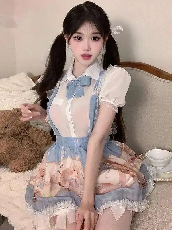 Lolita Style Sexy douce fille Anime robe bidimensionnelle Lolita imprimé femme de chambre tentation perspective fil manches bouffantes uniforme UVN