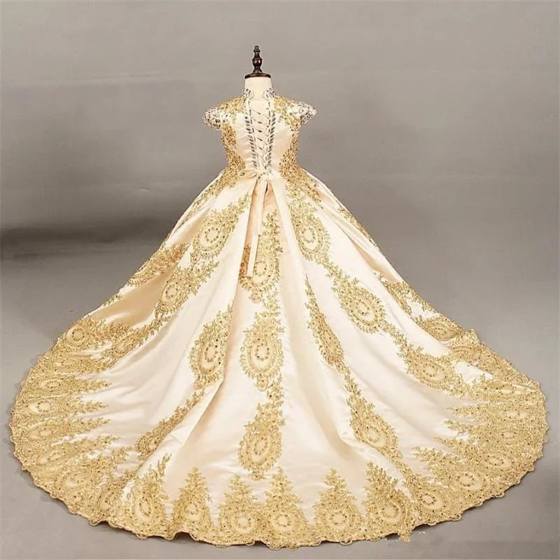 Gorgeous Flower Girl Dress Sleeveless Satin A-Line Quality Gold Applique For Wedding Pageant Gown Communion Evening Ball Gowns