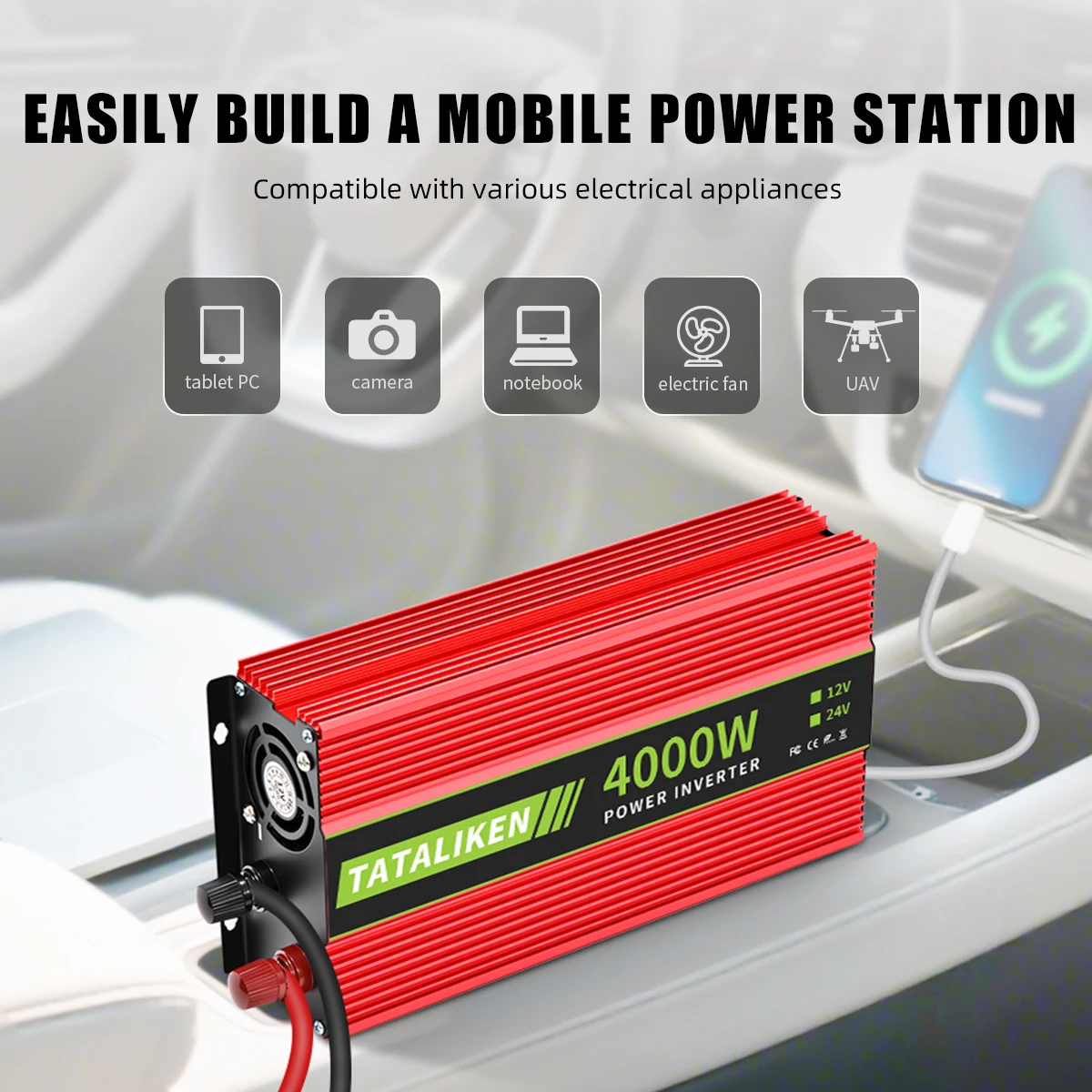 محول عاكس عالي الطاقة 4000 وات، محول عاكس موجة معدل، 12 فولت 110 فولت 60 هرتز، 2 مآخذ تيار متردد مع واجهة TYPE-C #3