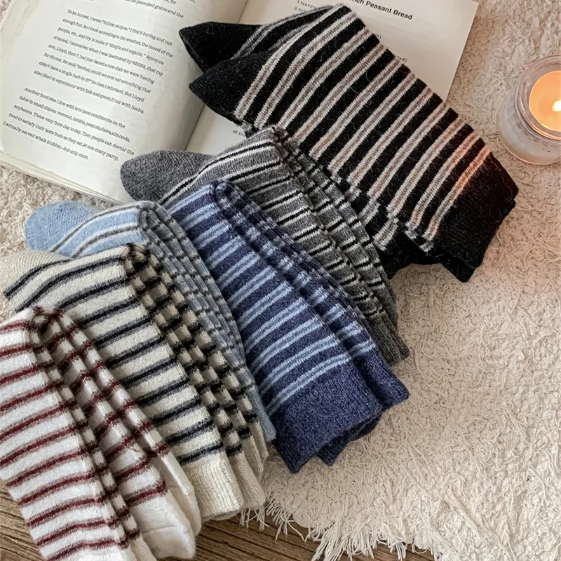 Korean Striped Medium Tube Socks Women Autumn and Winter Thickened Warm Wool Socks Retro College Style Girl Thermal Long Socks