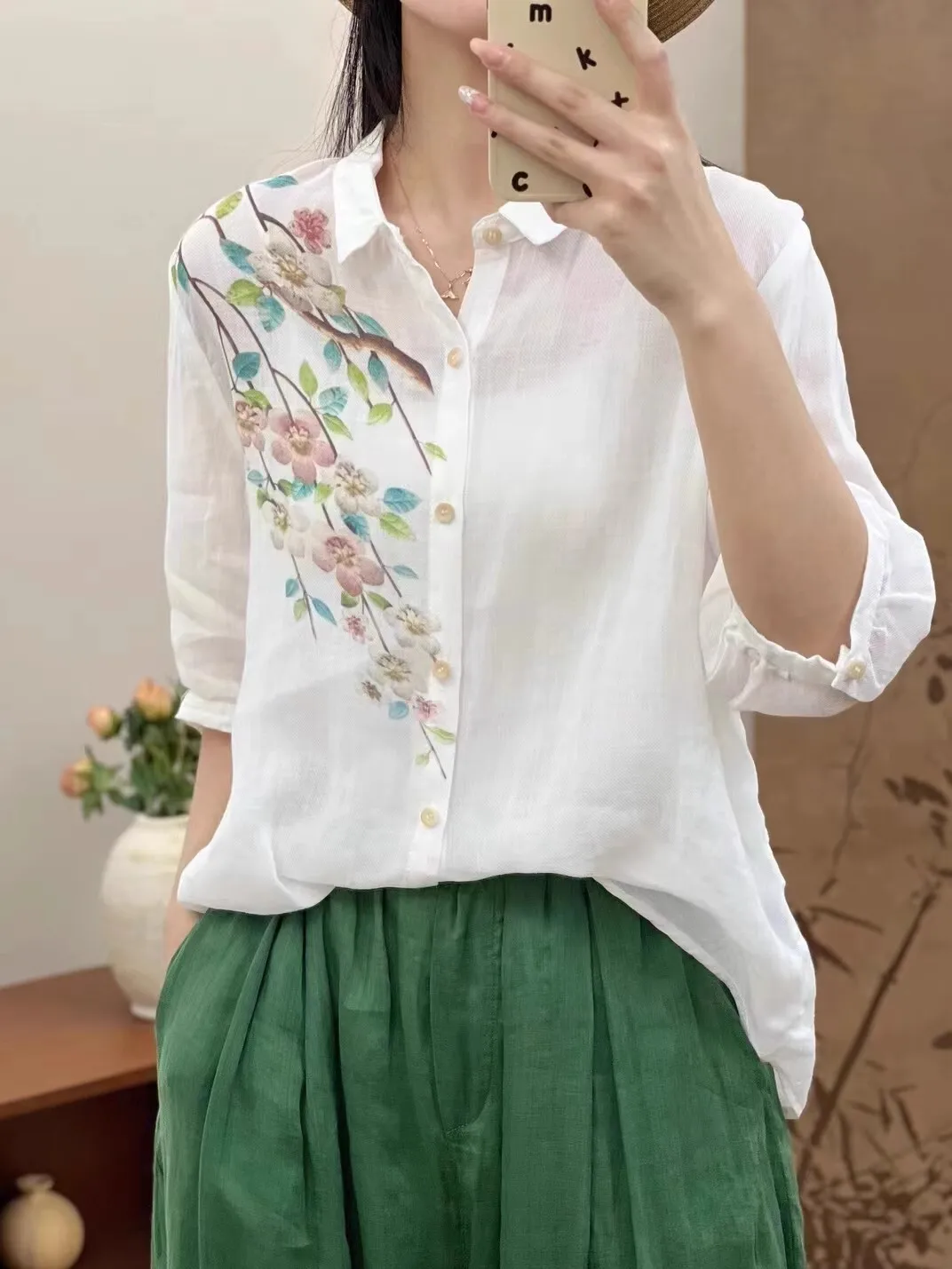 Retro Cotton Linen irt Women's Loose Fit Collar Printed Top Versatile Summer Faion Artistic New Arrival 2024