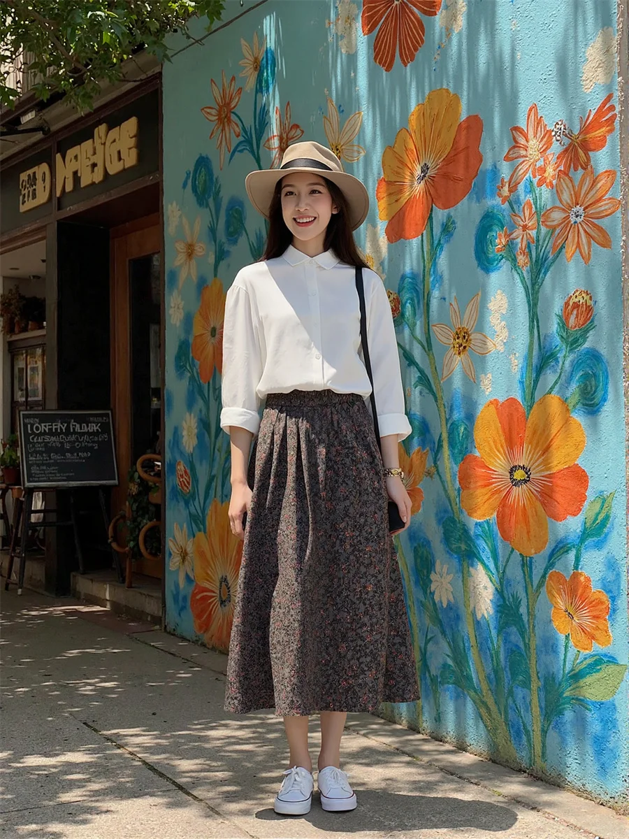 

Midi Floral Printed Skirts Womens All-match Patchwork Pleated Ruffle Hem Artistic Comfortable College Vintage Chic Simple Summer
