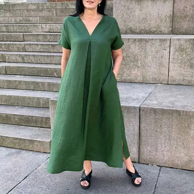 

Women's Loose Dress Plus Size Spring Summer Solid Color Loose Cotton Fashion V-neck Solid Color Casual Pocket Dress