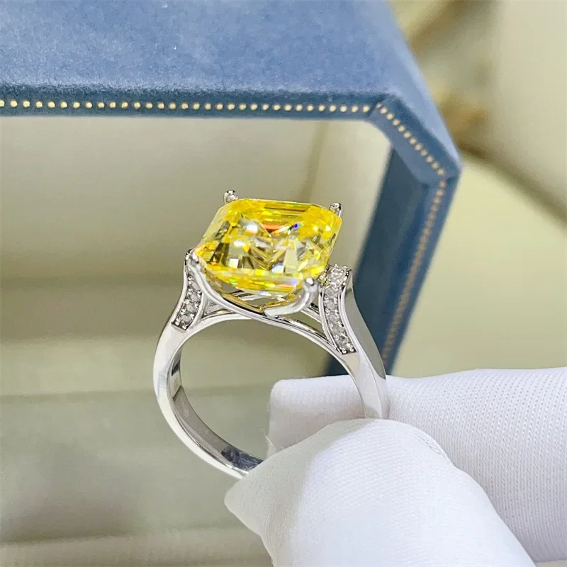 NKHOG Asscher Cut Moissanite Rings S925 Silver Square Yellow Diamond Women Men Luxury Wedding Band Jewelry Gifts GRA Certificate