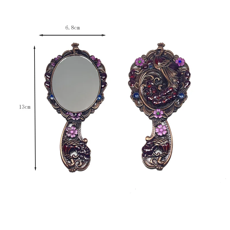 European Metal Handle Mirror Alloy Court Peacock Mirror Retro Portable Vanity Mirror