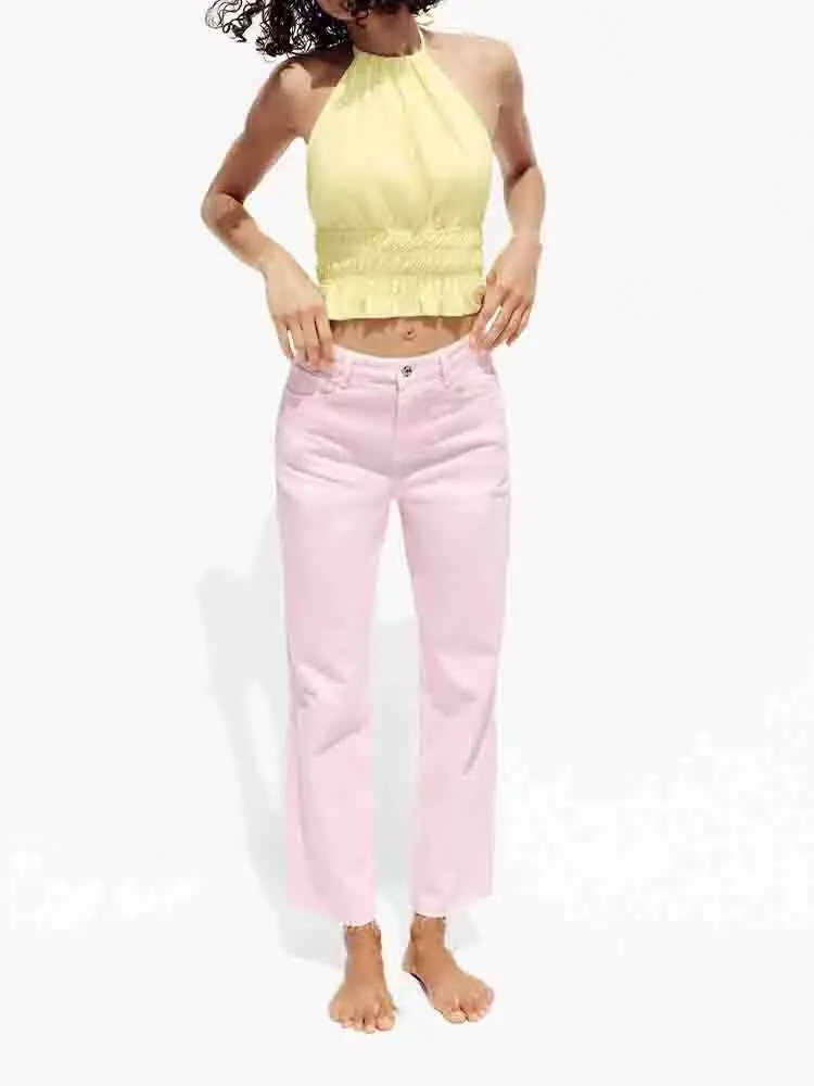 

Новый женский модный универсальный темпераментный простой однотонный топ без рукавов с бретелькой на шее в европейском стиле