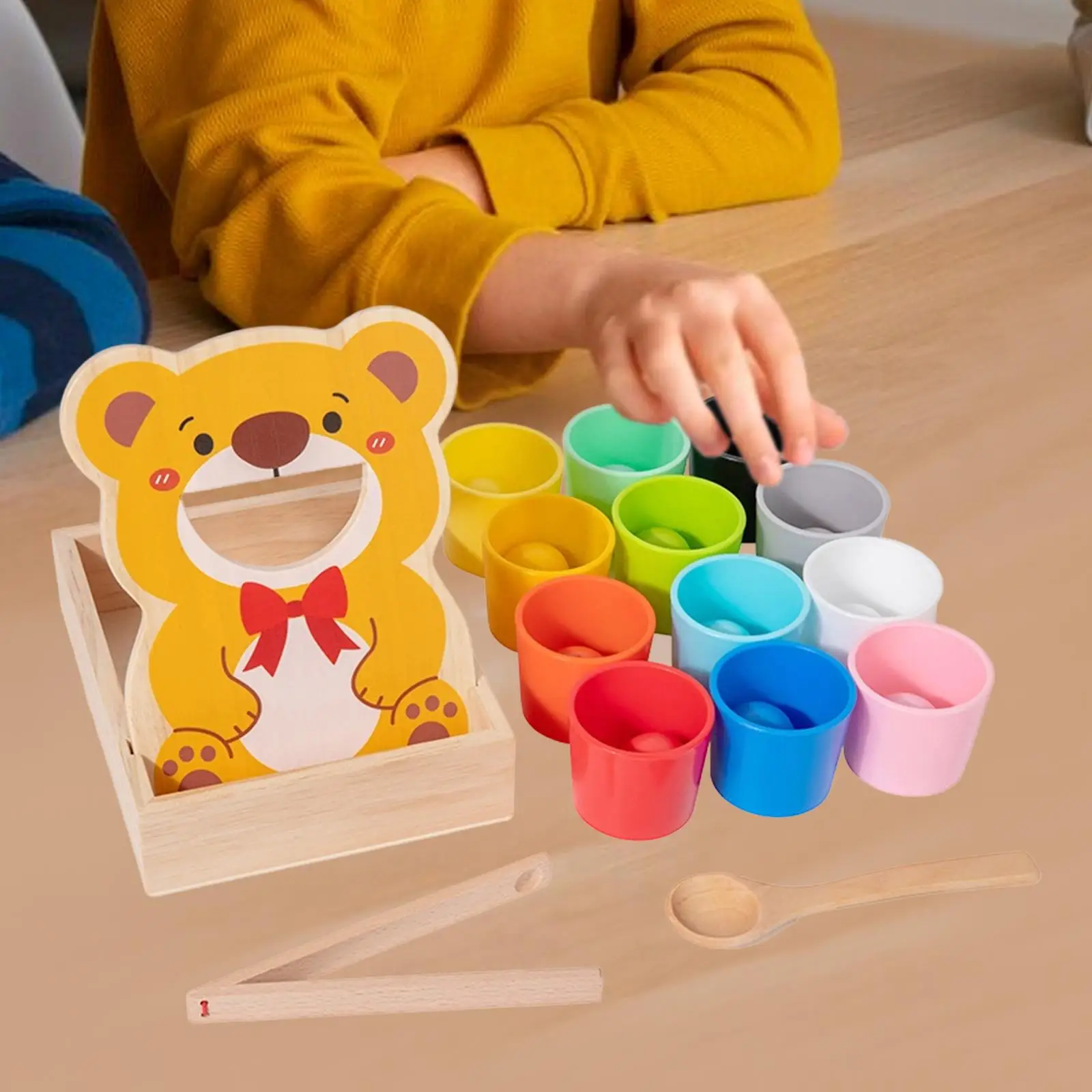 Rainbow Balls in Cups Toddler Toy,Children Fine Motor Skill Wooden Matching Games Wooden Feeding Toy Color Sorting and Counting