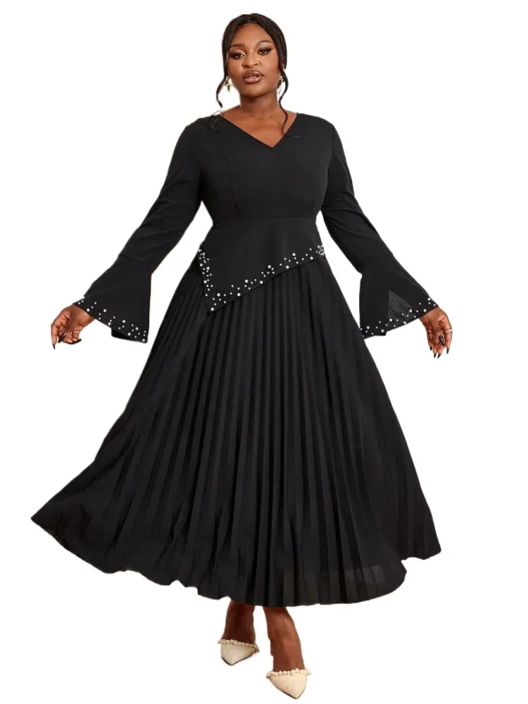 Maxi Black Church Robe V-neck Long Horn Sleeve Beaded High Waist Drop Cocktail Party Evening Dress Women's Party Dress