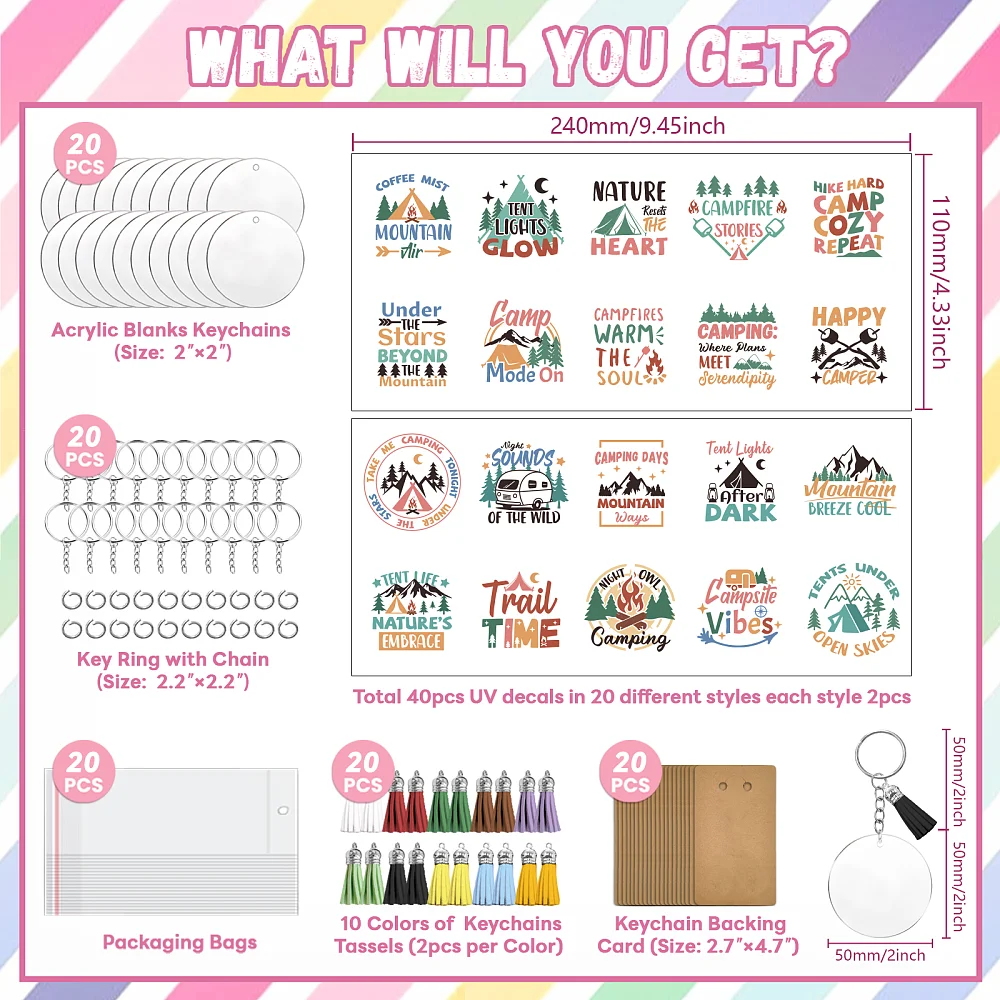 140Pcs Acrylic keychain making kit with Waterproof UV DTF Cold Transfer Stickers Forest and Camping Round DIY Acrylic Keychain