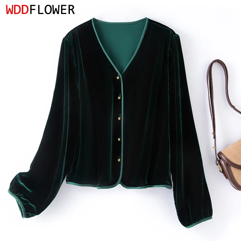 Women Silk Velvet Shirt 100% Mulberry Silk Lining Dark Green Blouse Top V Neck Loose Type Long Sleeve Cardigan Office Lady FF045