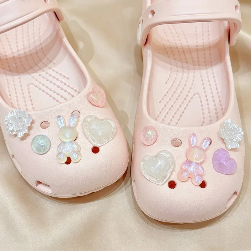Iridescent Glitter Bunny & Heart Shoe Charms Ballet Sandals Decoration Cute Rabbit Slipper Accessories Girls Women DIY Gifts