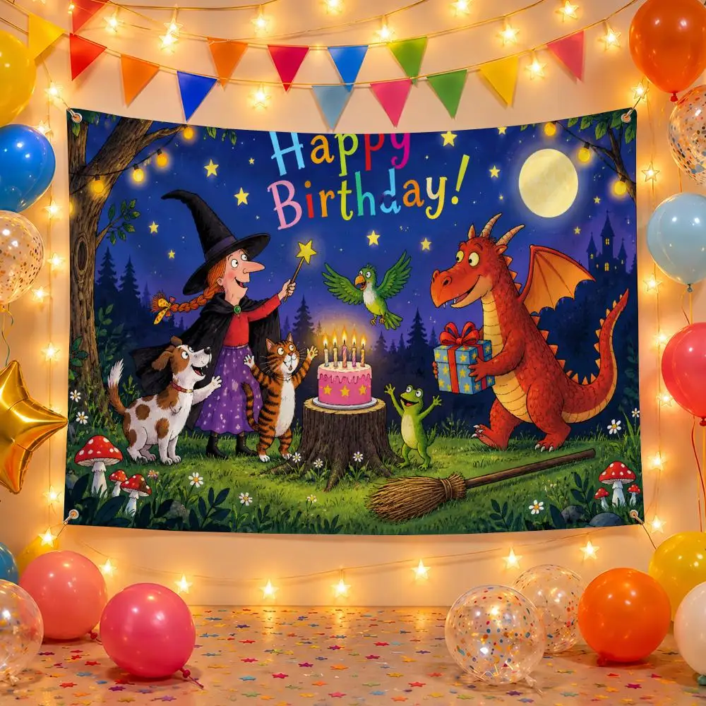 Cartoon Room on the Broom Flags Birthday Party Flags Decorative  Banner for Outdoor Garden  Party Home Wall Hanging Decor