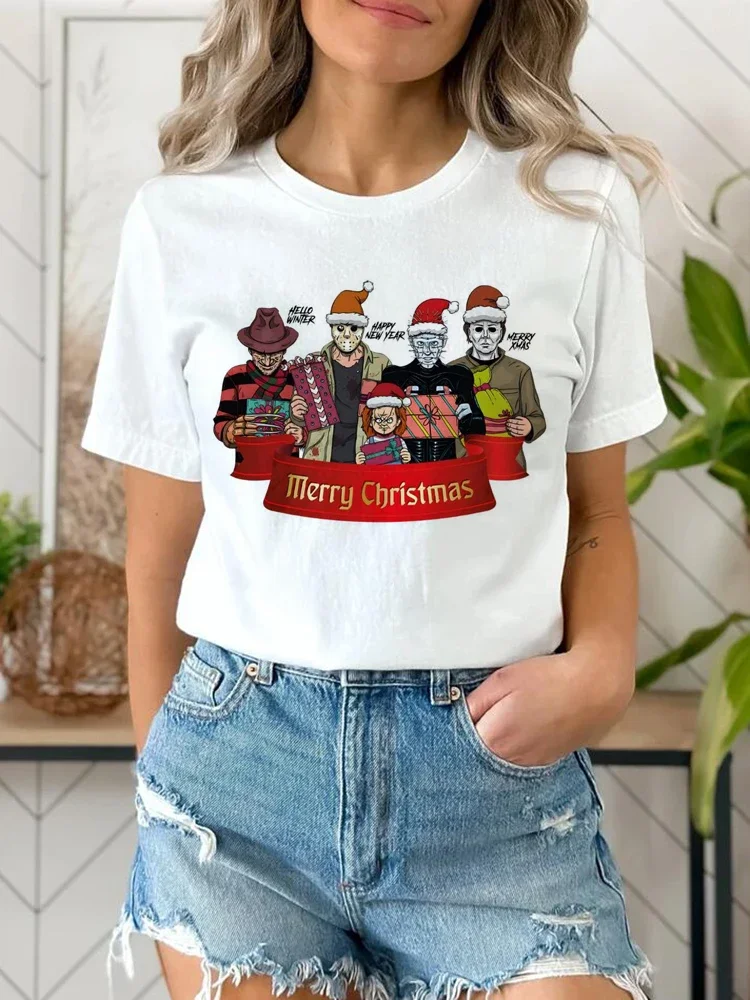 

Horror Killer Characters Merry Christmas Printed Clothing Print Summer Cartoon Pattern O-Neck Halloween Street Versatile T-Shirt