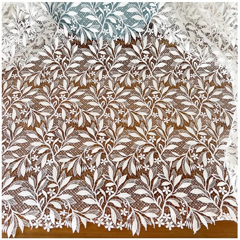White Milk Silk Embroidered Lace Thick Fabric with Leaf Hollowed - Out Design for Wedding Dresses Clothing Accessories view 5