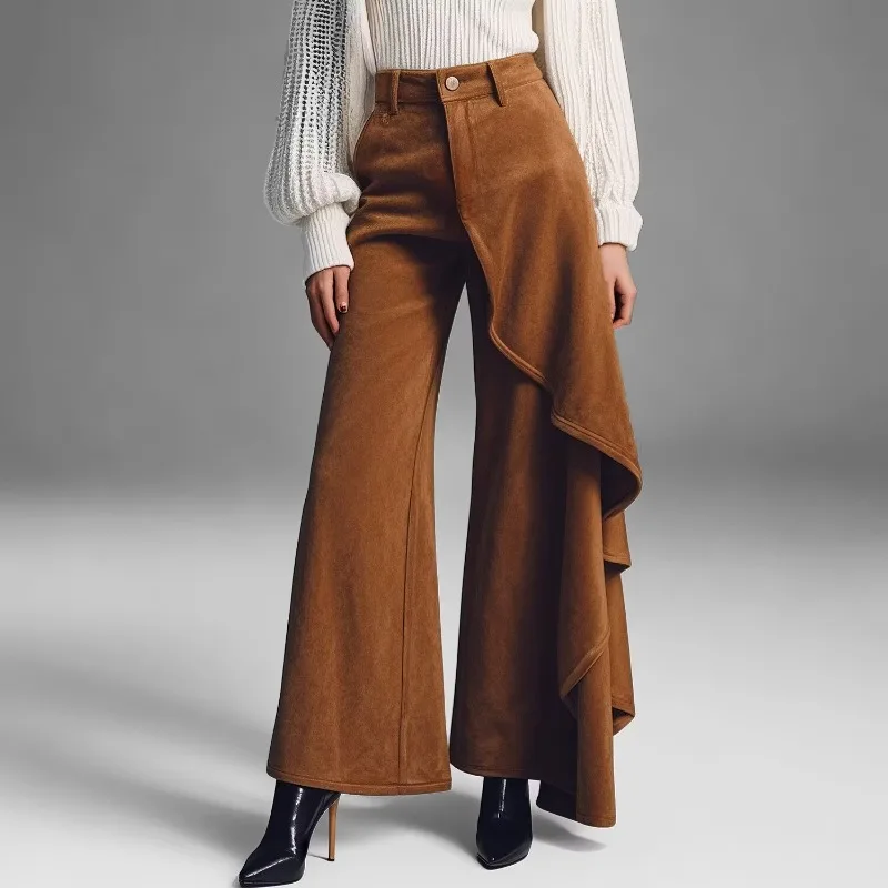 Women Suede Solid Color High Waist Pants Fashion Ruffled Layered Wide Leg Autumn Winter New Vintage Irregular Patchwork Trousers