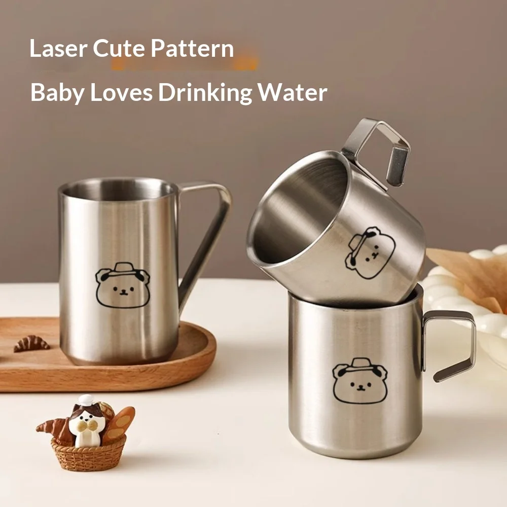 Cute Stainless Steel Milk Cup Creative Double-layer Children's Cup Anti-drop Water Cups with Handle Office Coffee Cups