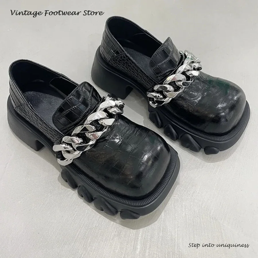 

Vintage Patent Leather Chain Loafers Square Toe Height Increasing Women's Shoes Spring Autumn Block Heel Slip On Casual Shoes