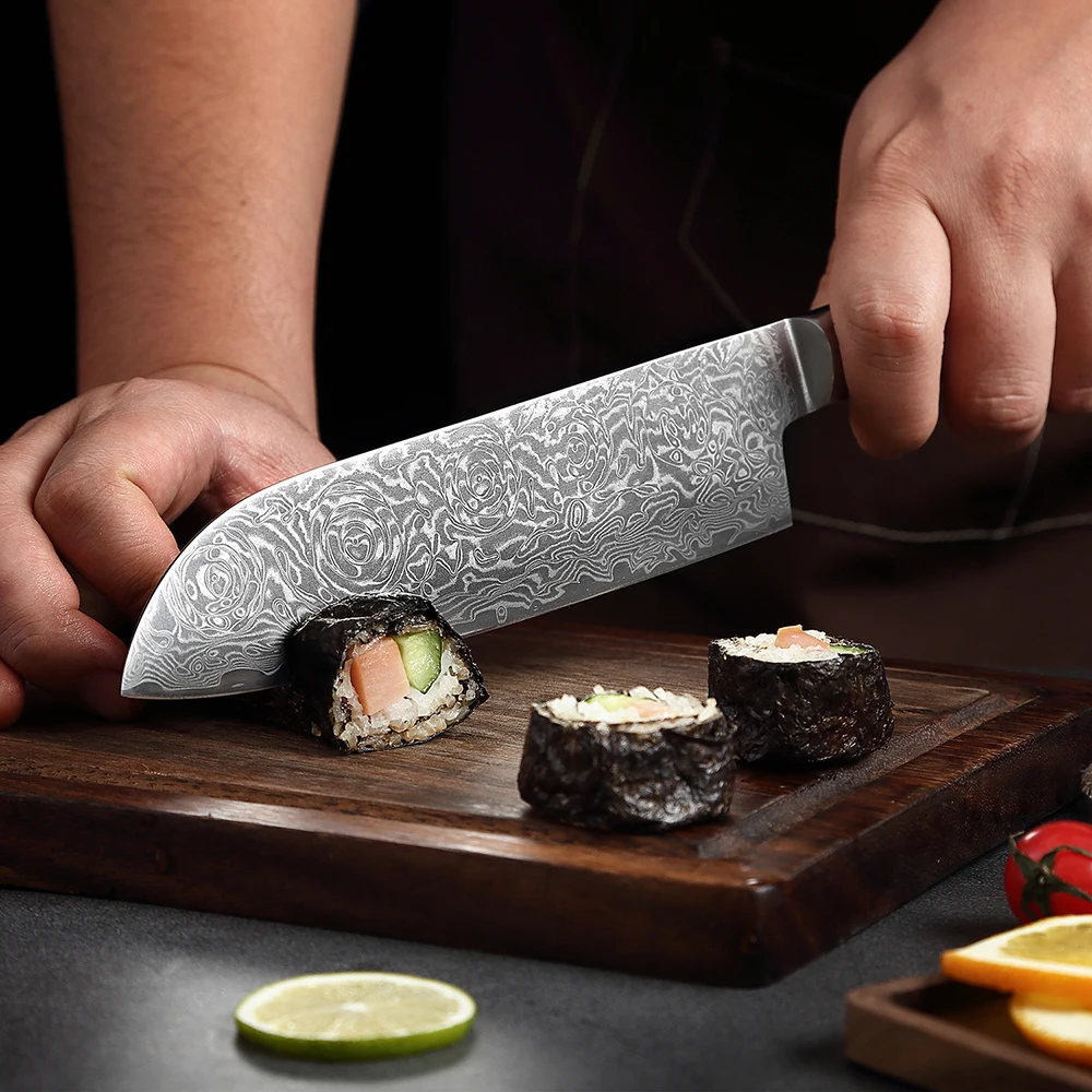 Xitou faca santoku 7 tamanhos, faca de cozinha de aço damasco, lâmina ultra afiada, faca santoku para chef profissional e restaurante, cabo azul g10