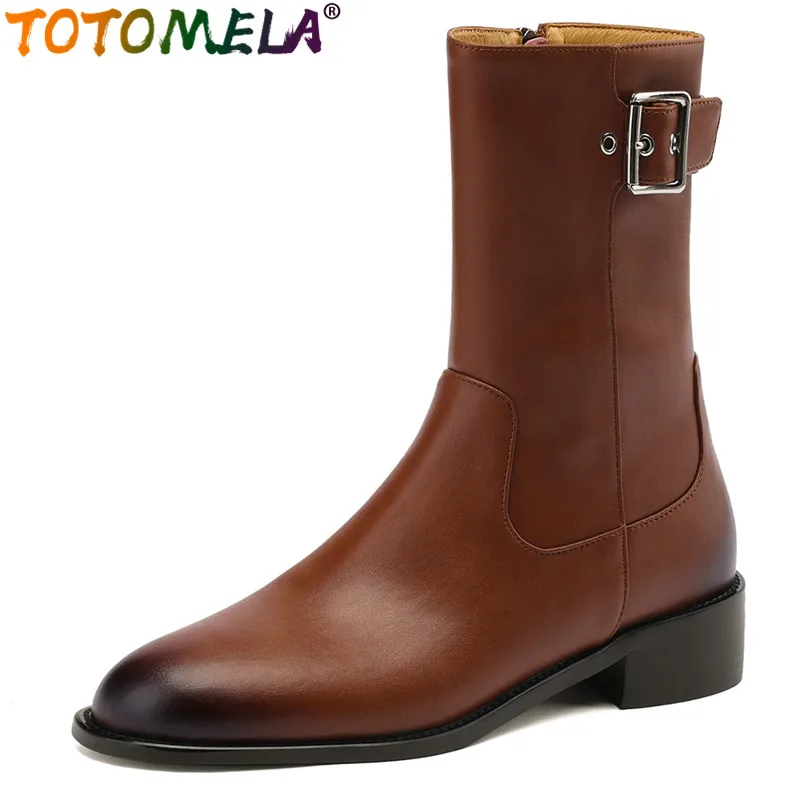 

TOTOMELA 2024 New Genuine Leather Zipper Women's Boots Buckle Square Med Heels Boots Vintage Ladies Winter Ankle Boots