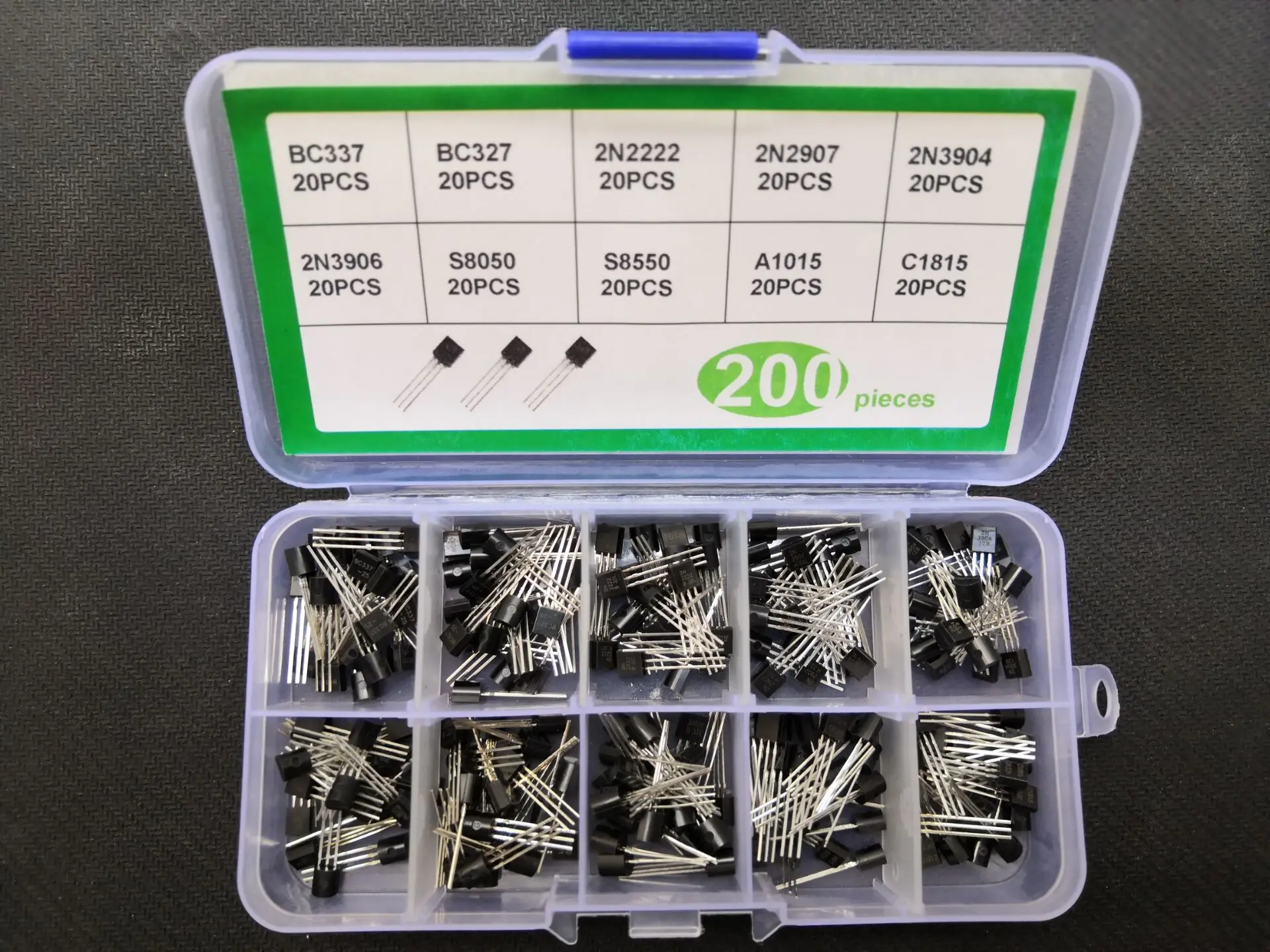 200pcs Transistor Kit Box 10values*20pcs 2N2222/2N2907/2N3904/2N3906/S8050/S8550/A1015/C1815/BC337/BC327 to-92 Set Assortment