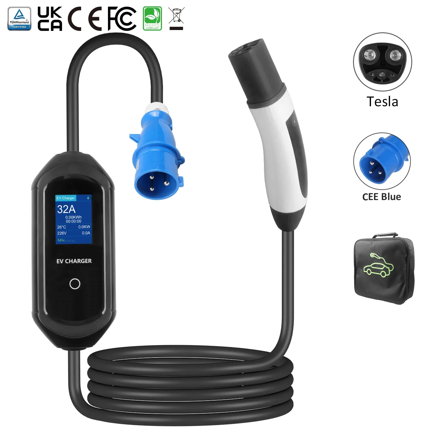 ST-E207T TESLA Electric Vehicle Charger with CEE Plug 16FT Cable 32 Amps Max Adjustable Current Charging Station