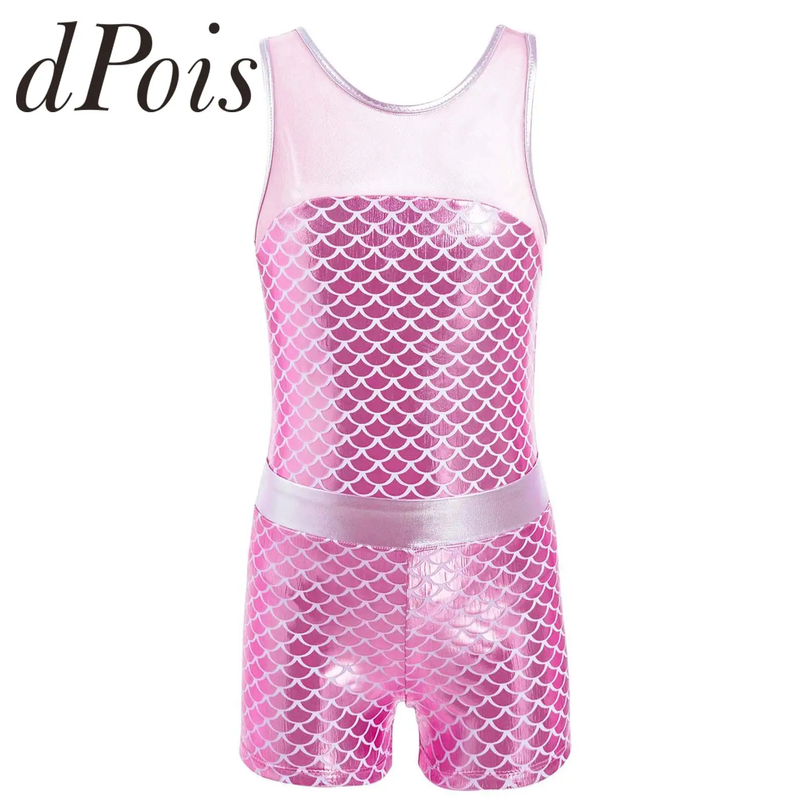 

Kids Girls Sleeveles Fish Scales Printed Gymanstics Leotard and Shorts Set Ballet Leotards Childs Dance Wear Performance Costume