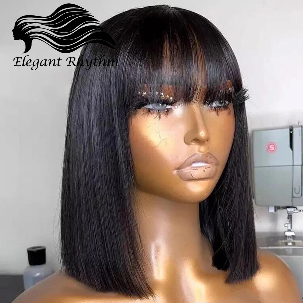 

Straight Bob Human Hair Wigs With Bang Full Machine Made Wigs Brazilian Remy Human Hair Bob Wigs For Black Woman 10 12 inch