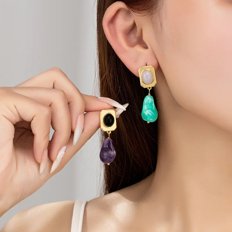 New  Nature Stone Earring Drop, 925 Sterling Silver Needle Green, Purple  Earrings For Girl's Gift