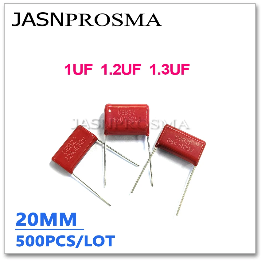 

JASNPROSMA CBB capacitor pitch 20MM 250V 400V 630V 500PCS 1UF 1.2UF 1.3UF 105J 125J 135J 5% Metallized Film Capacitance