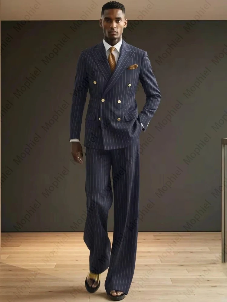 Men's Striped Suits Double Breasted Set Fashion Peak Lapel Tuxedo 2 Piece Wedding Blazer Business Office Events Casual Male Suit
