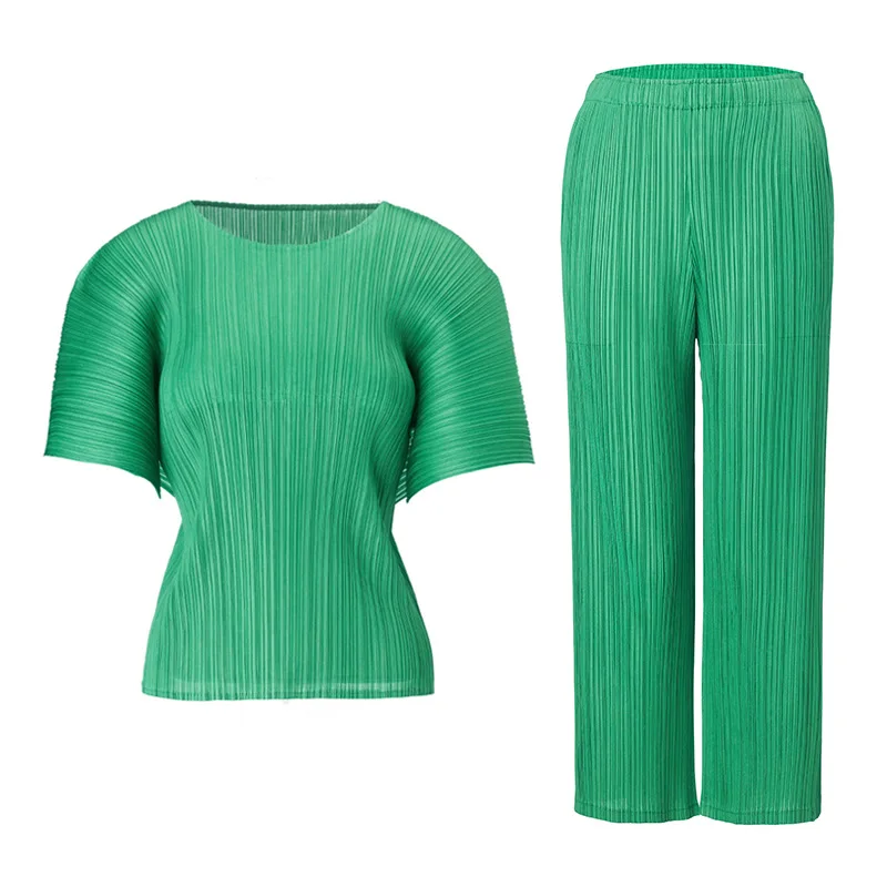 ミヤケプリーツファッションセット2025新作ハイエンドOネック多用途Tシャツ無地ルーズカジュアルストレートパンツツーピースセット