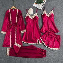 5PCS sexy and fashionable lace silk sleepwear set for women, gold floral V-neck suspender nightgown, bathrobe, summer home wear