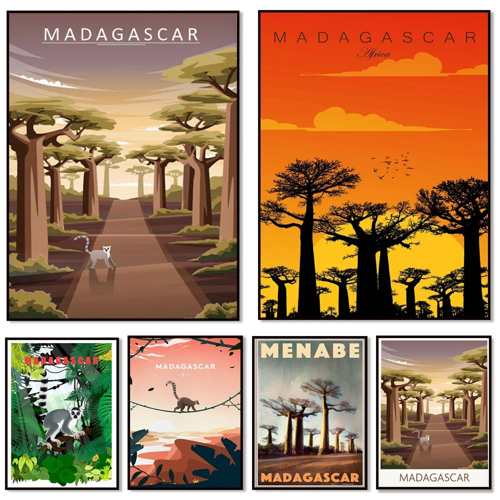 Impresión de viajes tradicionales de la noche de Madagascar, África, cartel de Madagascar, limón Baobab, foto de Madagascar, cartel de viaje vintage,