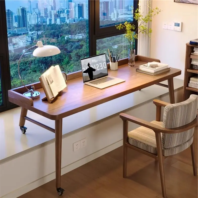 Bedroom bay window full solid wood study desk high and low foot small table universal wheel removable computer office double
