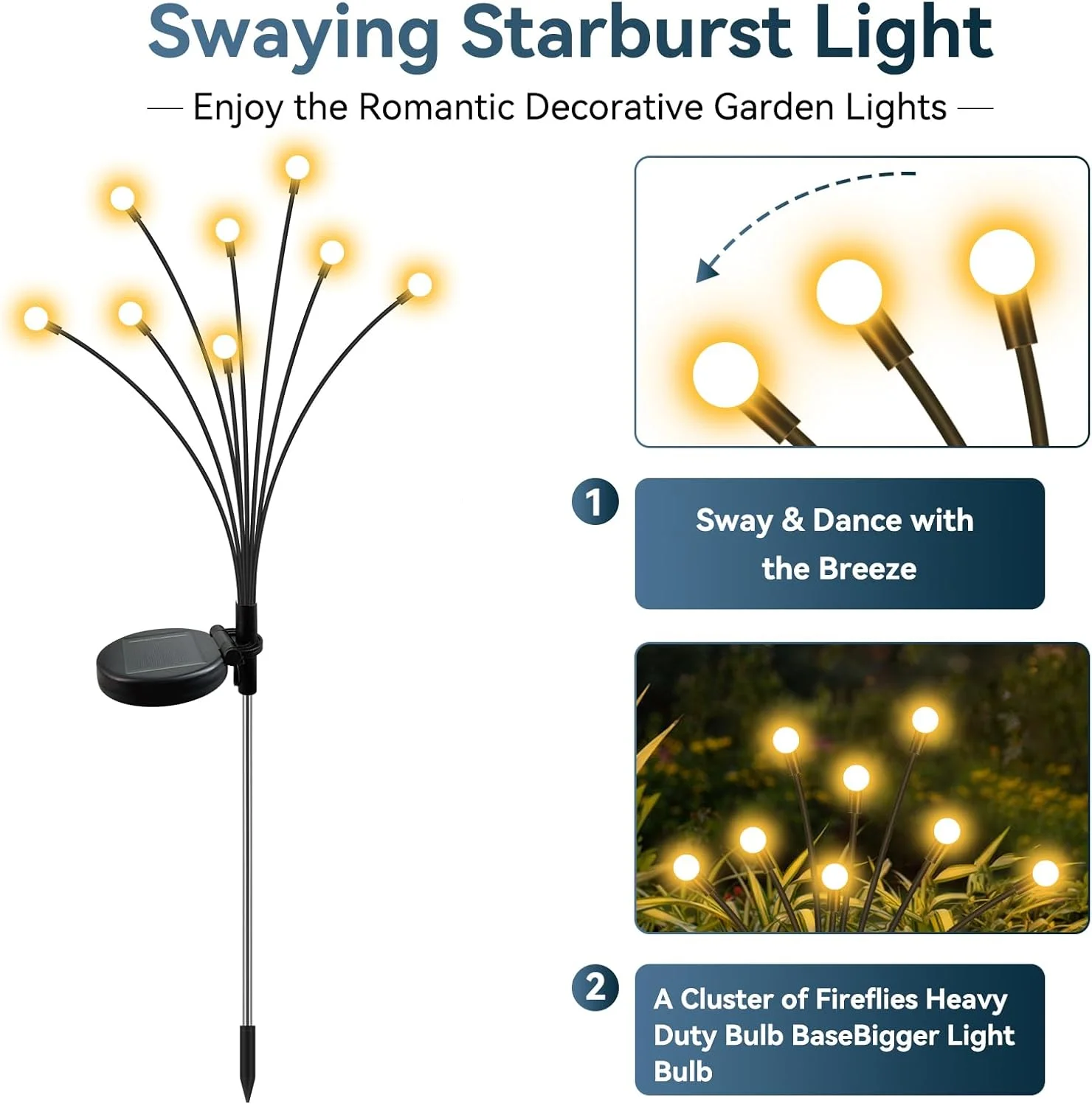 2Pcs/Pack Solar Firefly Lights, 16 LED Swaying Solar Garden Lights By Wind Outdoor Garden Fairy Decorative Lamp for Yard, Patio, Camping, Pathway, Holiday & Party Decoration