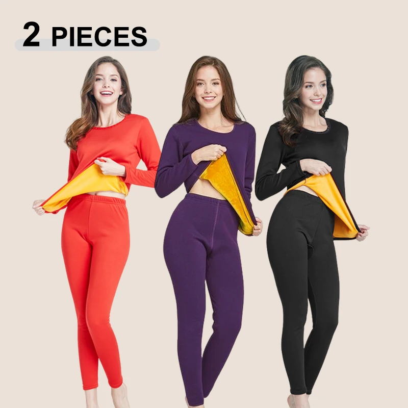 Women's Thickened Thermal Underwear Set Winter L-4XL Warm Long Seleeves Plus Size Velvet Inner Wear Female Ultra-Thick Sleepwear