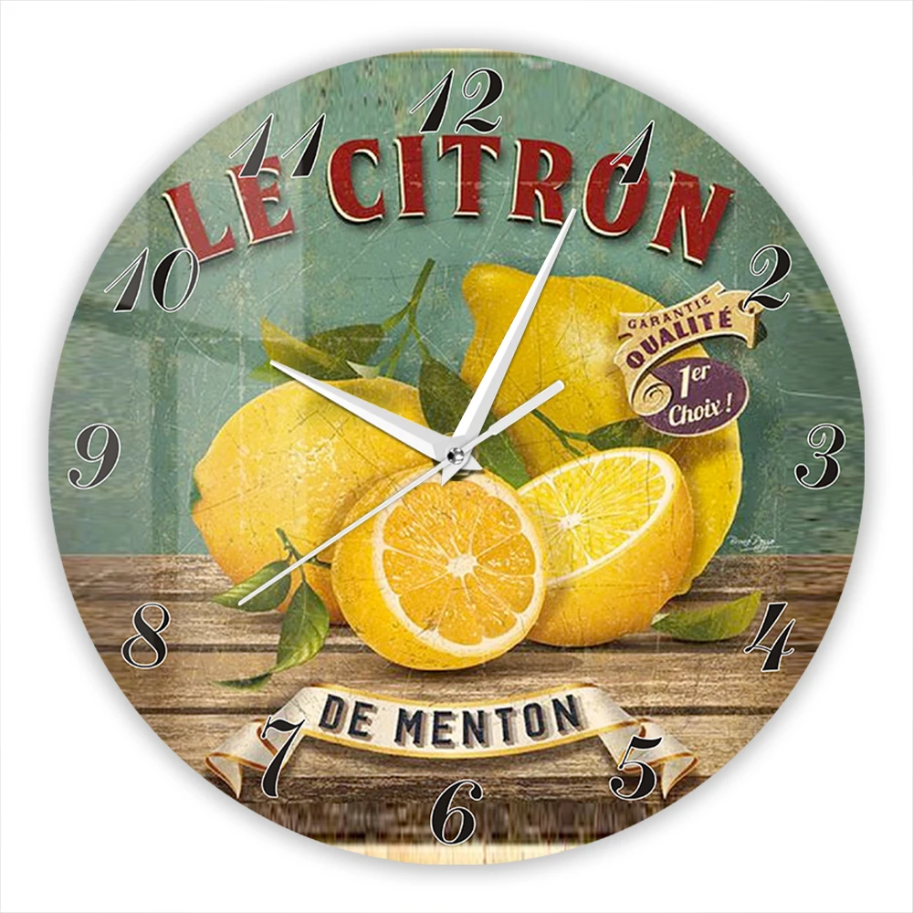 Vintage French Le Citron De Menton Lemon Wall Clock Rustic Citrus Fruit Style Decorative Clock for Kitchen Dining Room Farmhouse