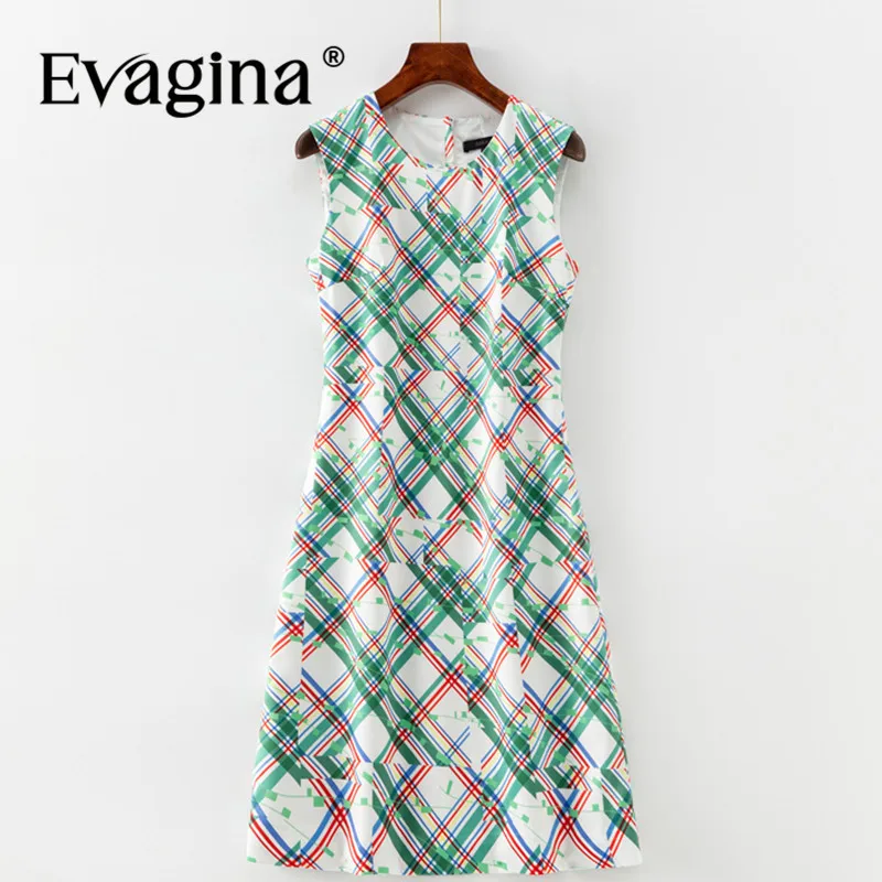 Evagina Fashion Design Summer Women's Pencil Dress Sleeveless Plaid Printed Office Work Short Dresses