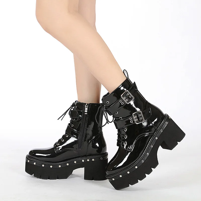 

7.5cm Big Size 43 Platform Chunky Heel Zipper Goth Motorcycle Boots Women Black Fashion Punk Cool Combat Ladies Shoes