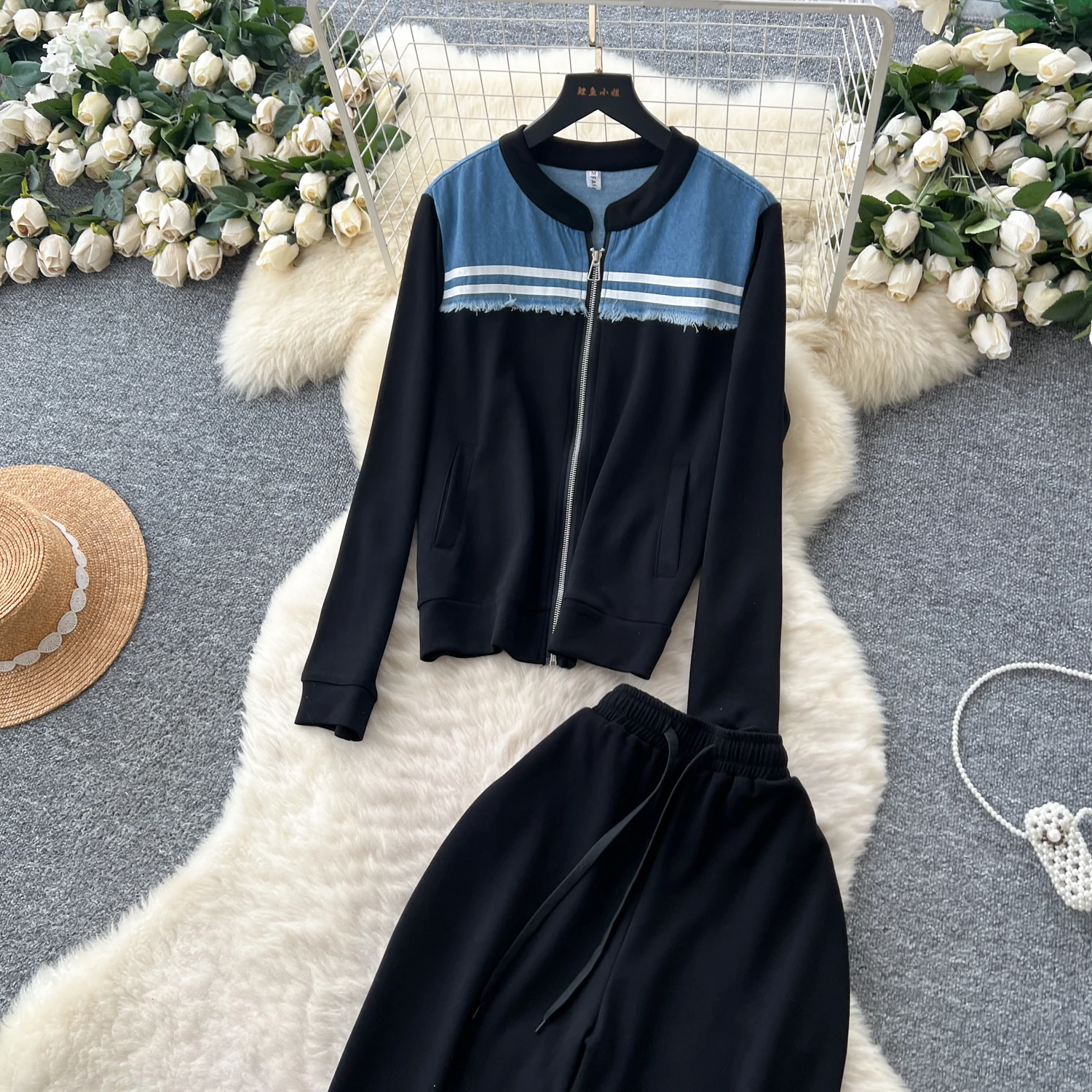 

Sets for Women 2 Pieces 2025 Spring Fashion Denim Splicing Long Sleeve Zipper Top & High Waist Casual Wide Legs Pants Set