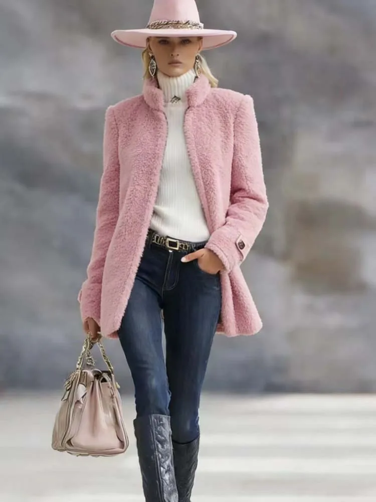 

Women's Stand Collar Cashmere Zipper Woolen Coat jacket 2026 Elegant Women Winter Solid color Open lining jacket Vintage Coat