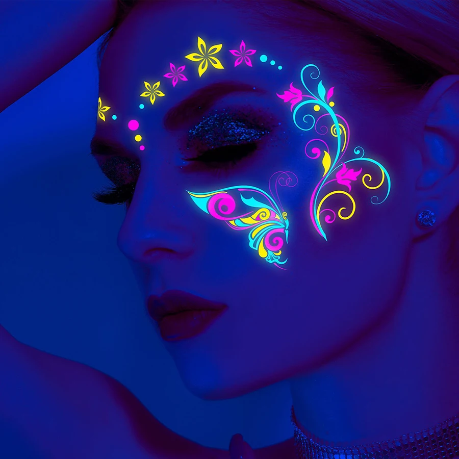 Klub nocny Fluorescencyjna naklejka na twarz Party Butterfly Tattoo Sticker Wodoodporny pasek Światło UV Świecący neonowy tatuaż Festiwal muzyczny