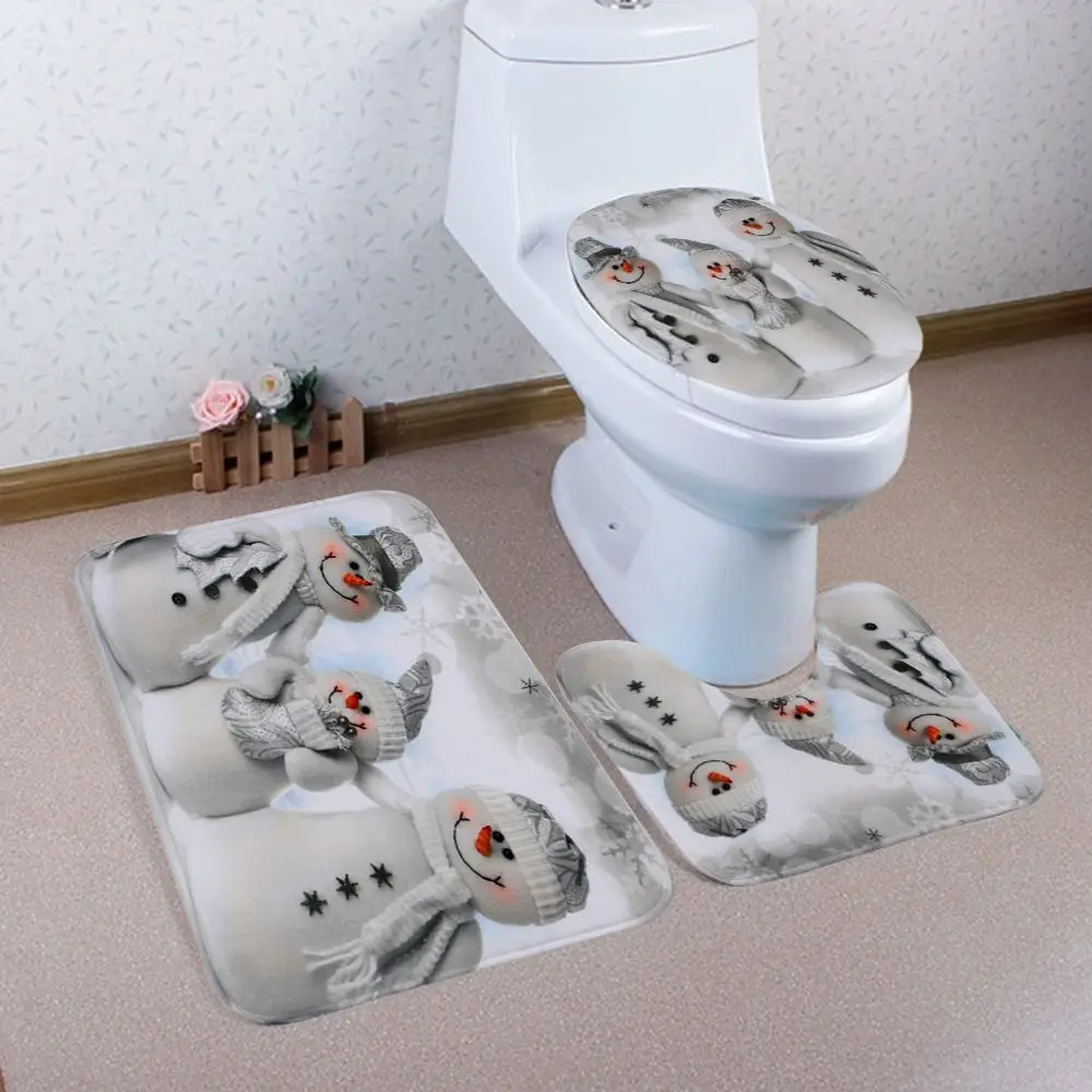 U-Shaped Design Bathroom Mat Set Non-Slip Backing 3-Piece Set Toilet Floor Mat Watercolor Print Soft Texture Toilet Cover Set